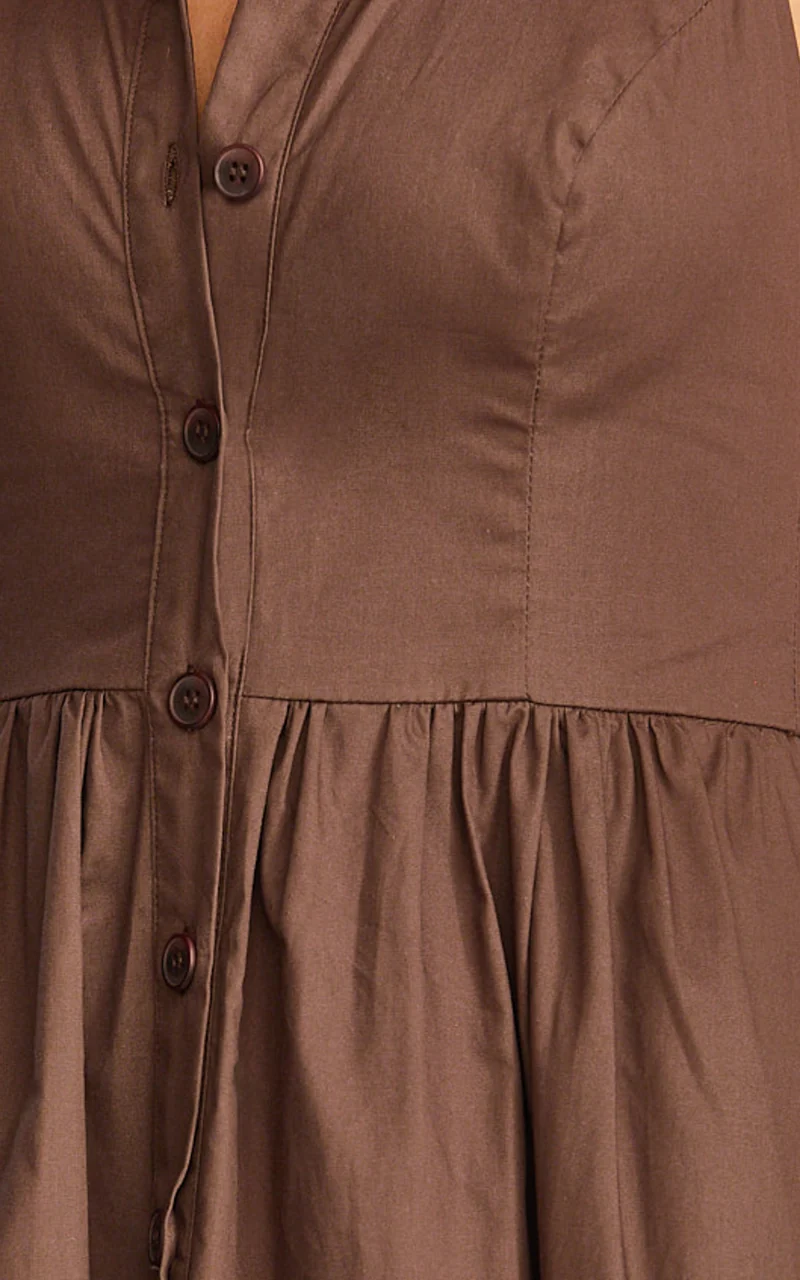 Ruby Midi Dress - Collared Button Down Gathered Waist Skirt Fit And Flare Dress in Dark Chocolate