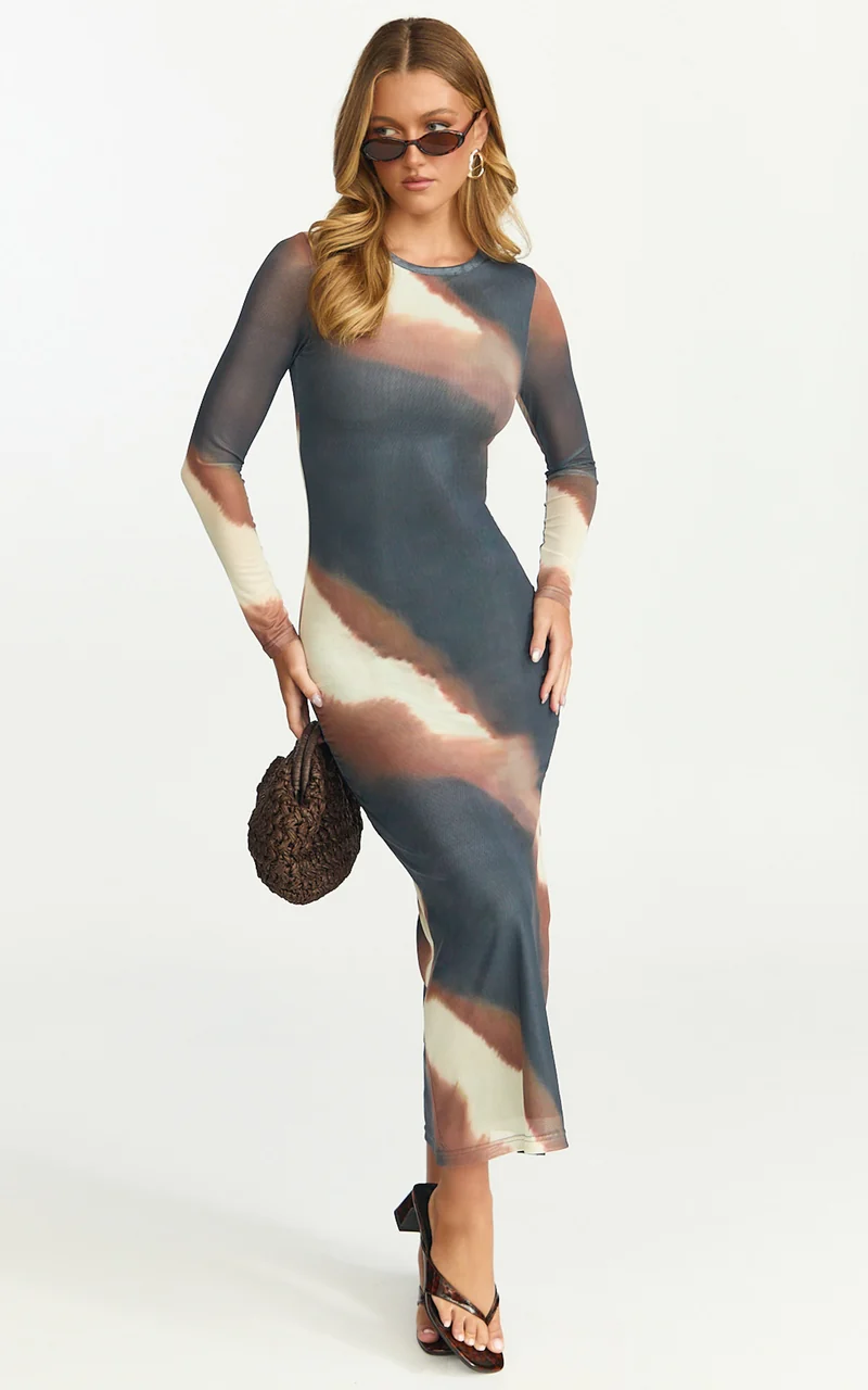 Margot Midi Dress - High Neck Long Sleeve Mesh Dress in Rust Print