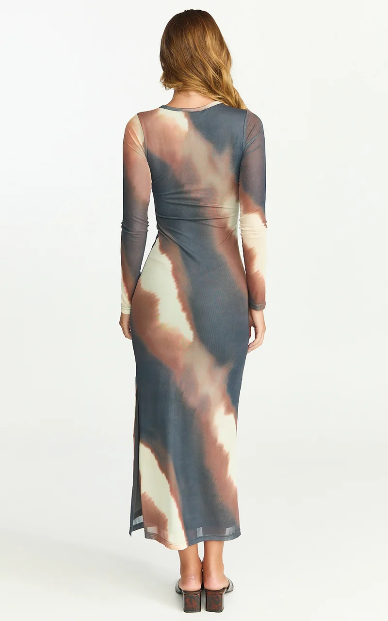 Margot Midi Dress - High Neck Long Sleeve Mesh Dress in Rust Print