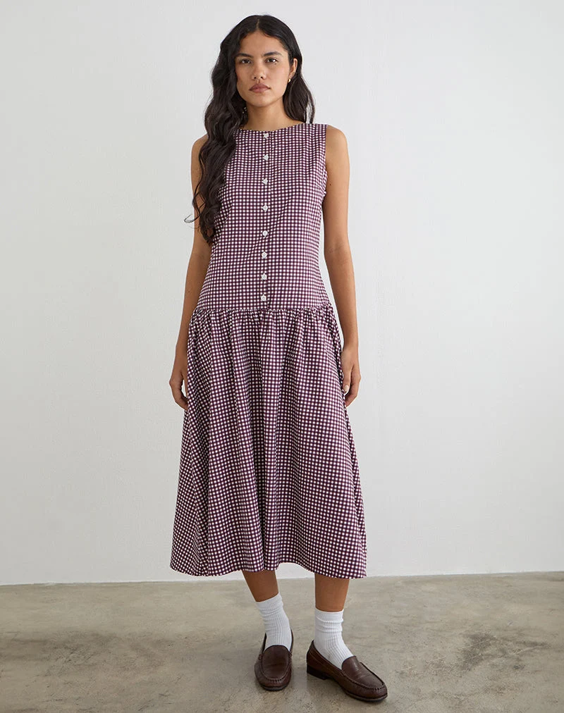 Robe mi-longue Miriam en vichy mini, couleur vin