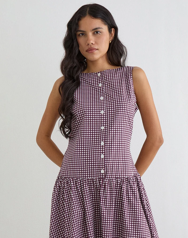 Robe mi-longue Miriam en vichy mini, couleur vin
