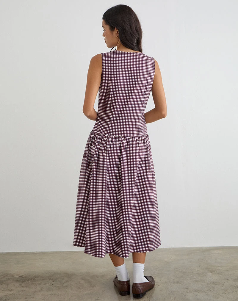 Robe mi-longue Miriam en vichy mini, couleur vin