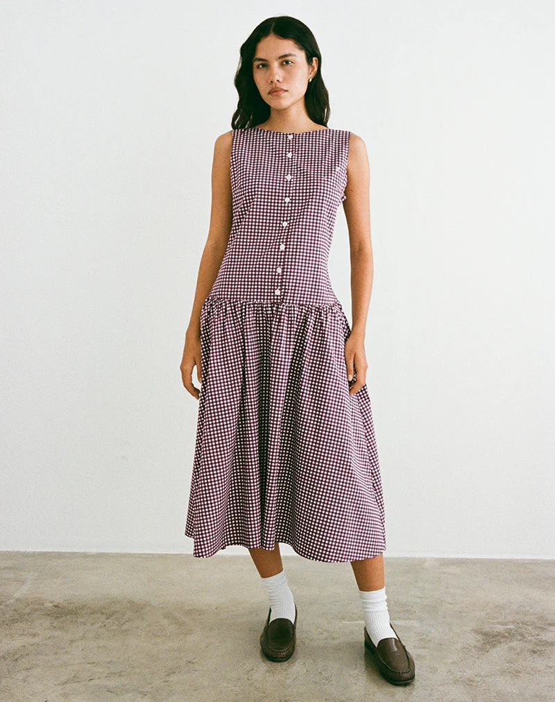 Robe mi-longue Miriam en vichy mini, couleur vin