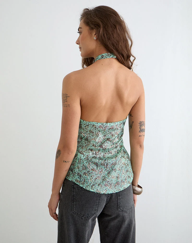 Haut à bretelles Ruwiko, motif paisley à paillettes, couleur bleu sarcelle