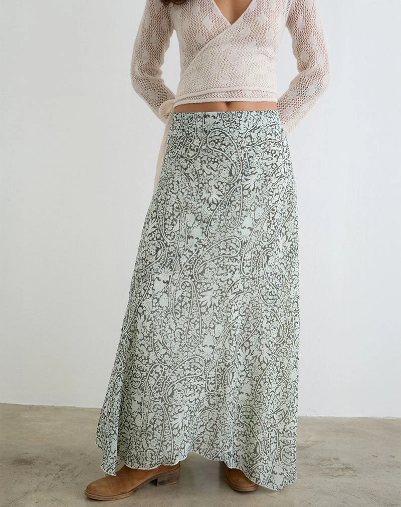 Jupe longue Rumela, motif « Bloom Paisley », bleu pâle