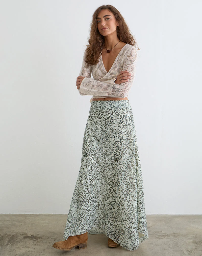Jupe longue Rumela, motif « Bloom Paisley », bleu pâle