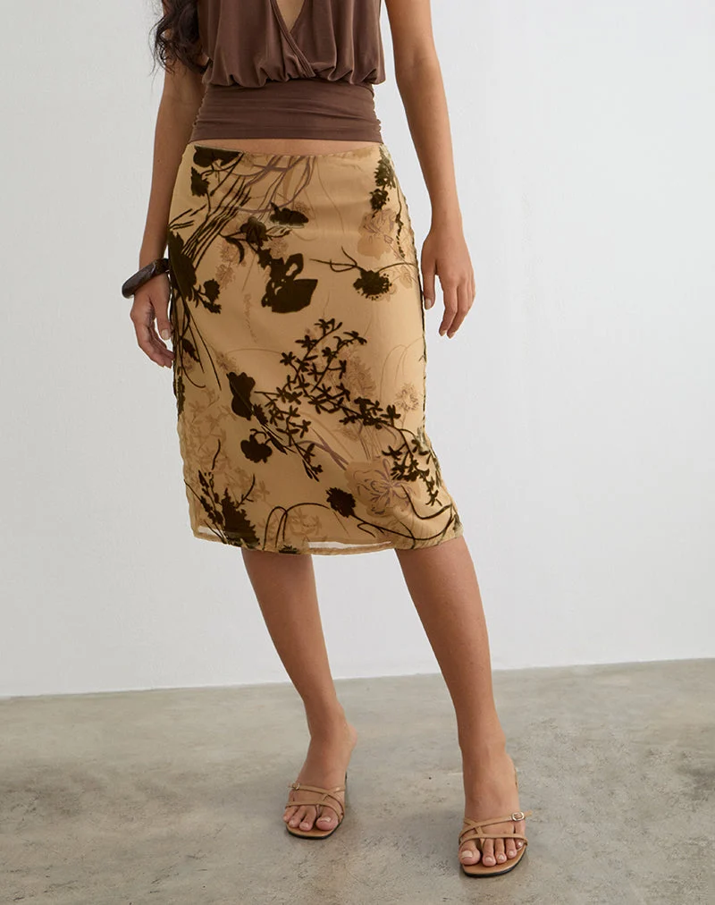Jupe midi Rujha en dévoré à motifs floraux, couleur beige