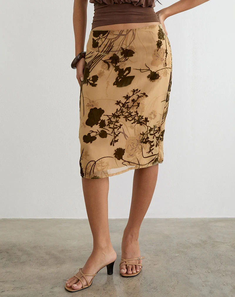 Jupe midi Rujha en dévoré à motifs floraux, couleur beige