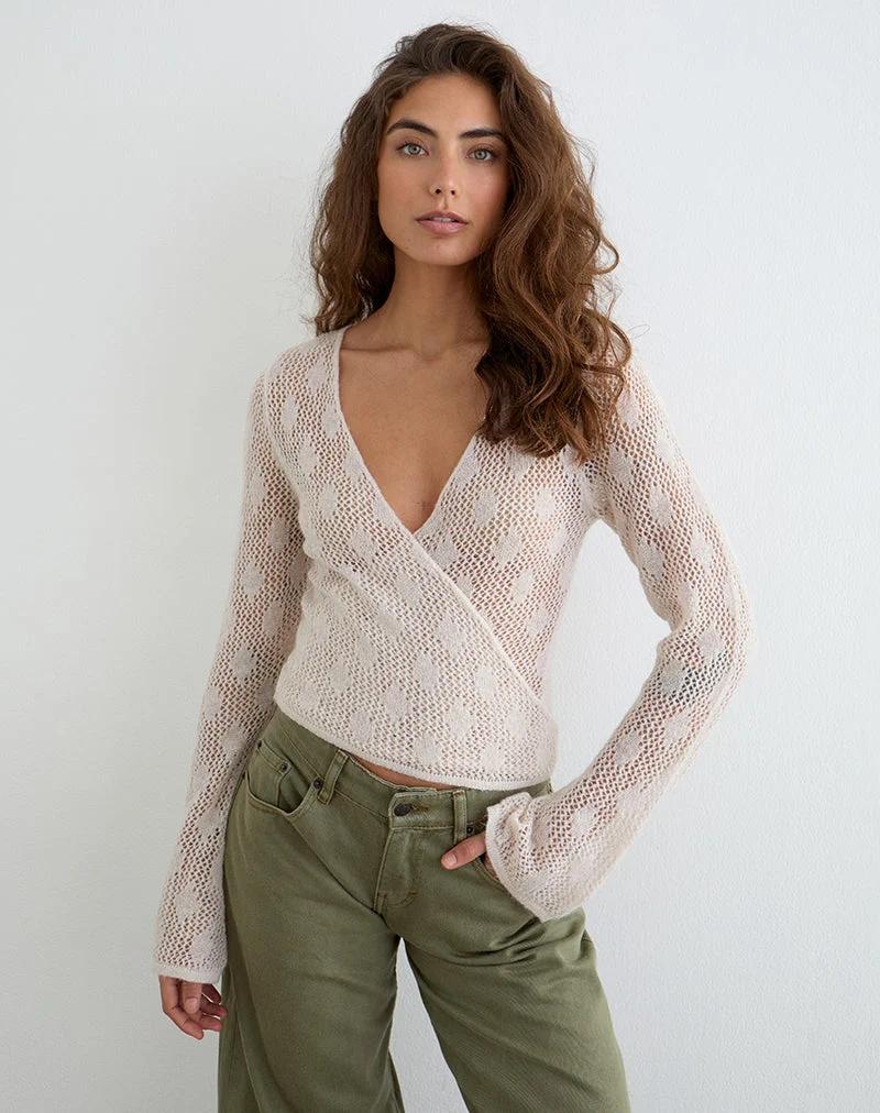 Haut cache-cœur au crochet Maeko en maille écru
