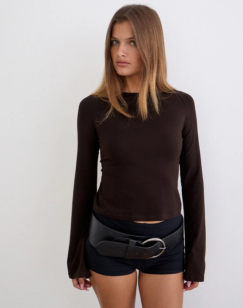 Haut à manches longues Muzan en jersey de rayonne, couleur marron chocolat