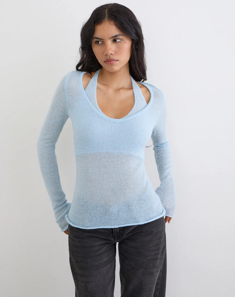 Haut à manches longues Misora en maille transparente bleue