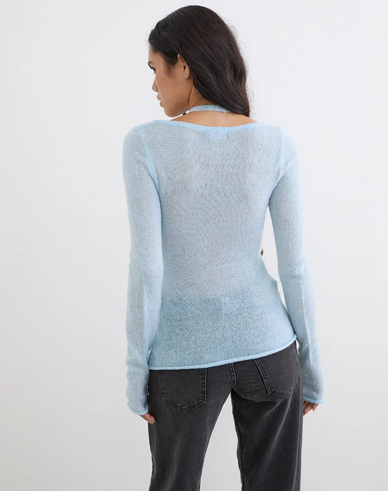 Haut à manches longues Misora en maille transparente bleue