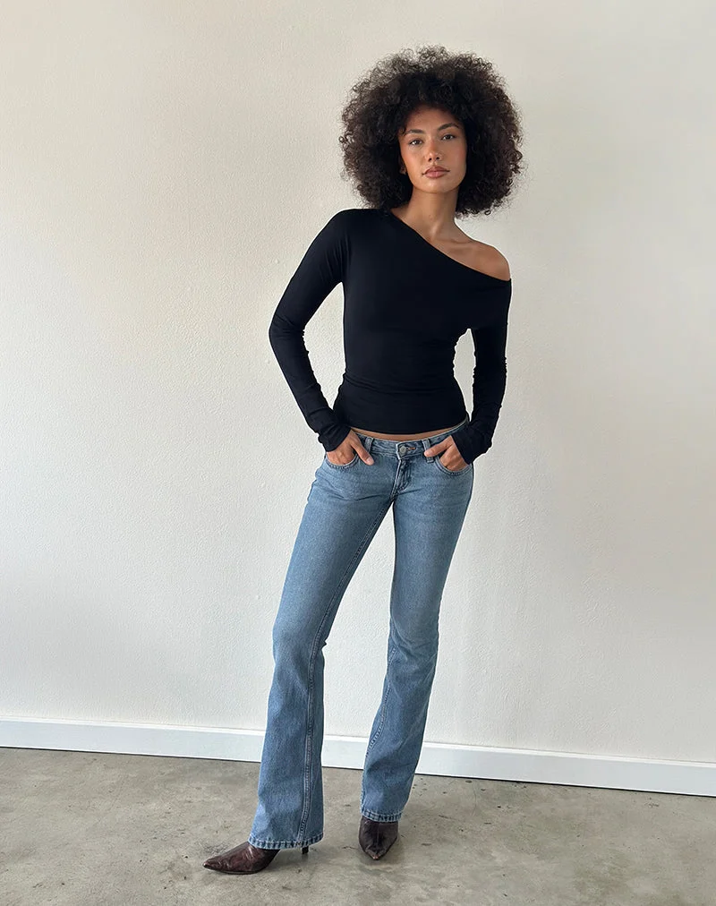 Jean évasé à taille ultra basse, bleu ardoise