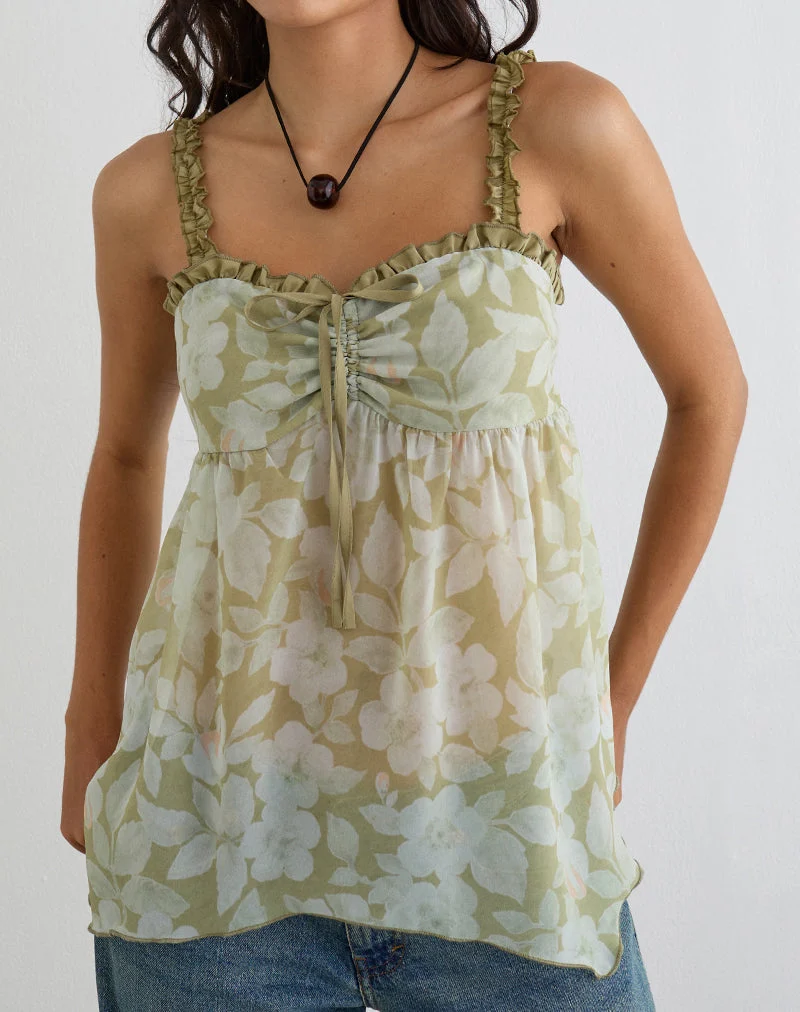 Haut sans manches Sylva à ourlet asymétrique, vert pâle à fleurs