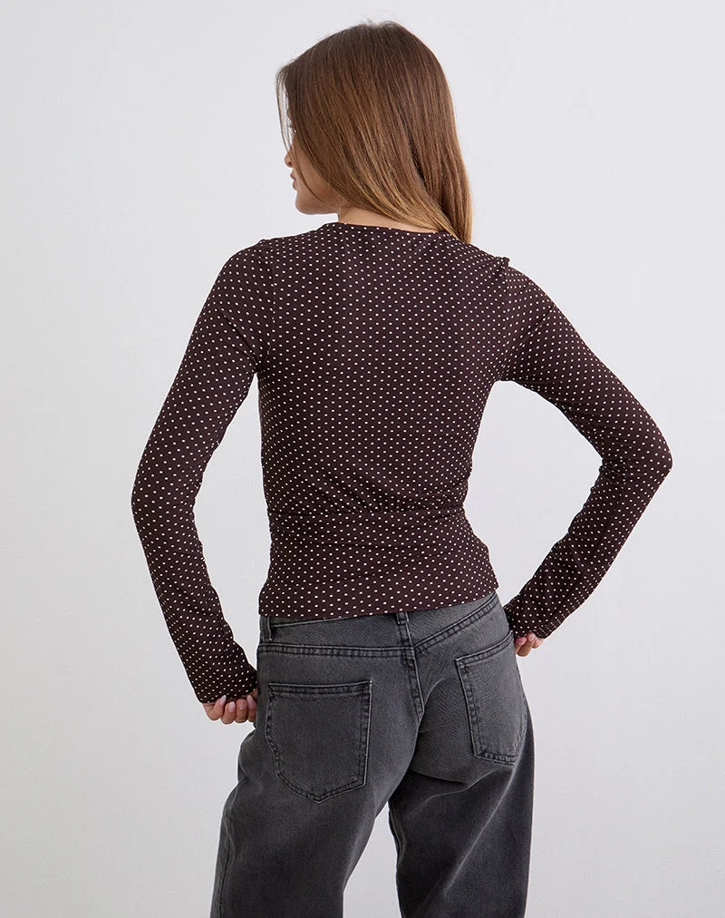 Haut à manches longues Sheon en jersey de rayonne marron à micro-motifs de pois