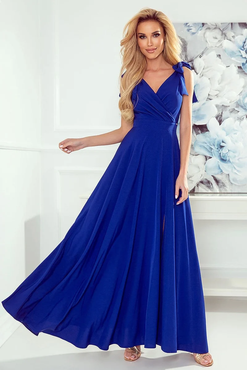 Robe de soirée chic bleue longue sans manches