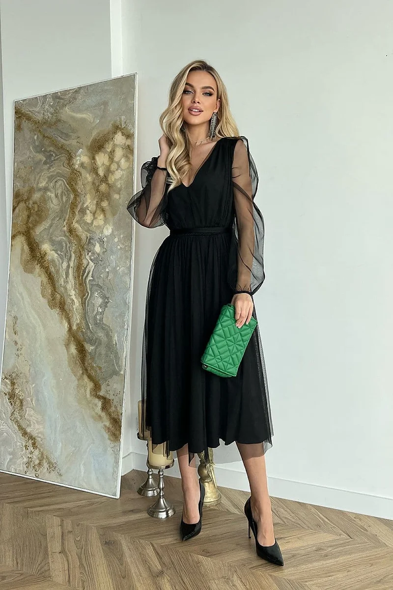 Robe de soirée noire midi manches longues