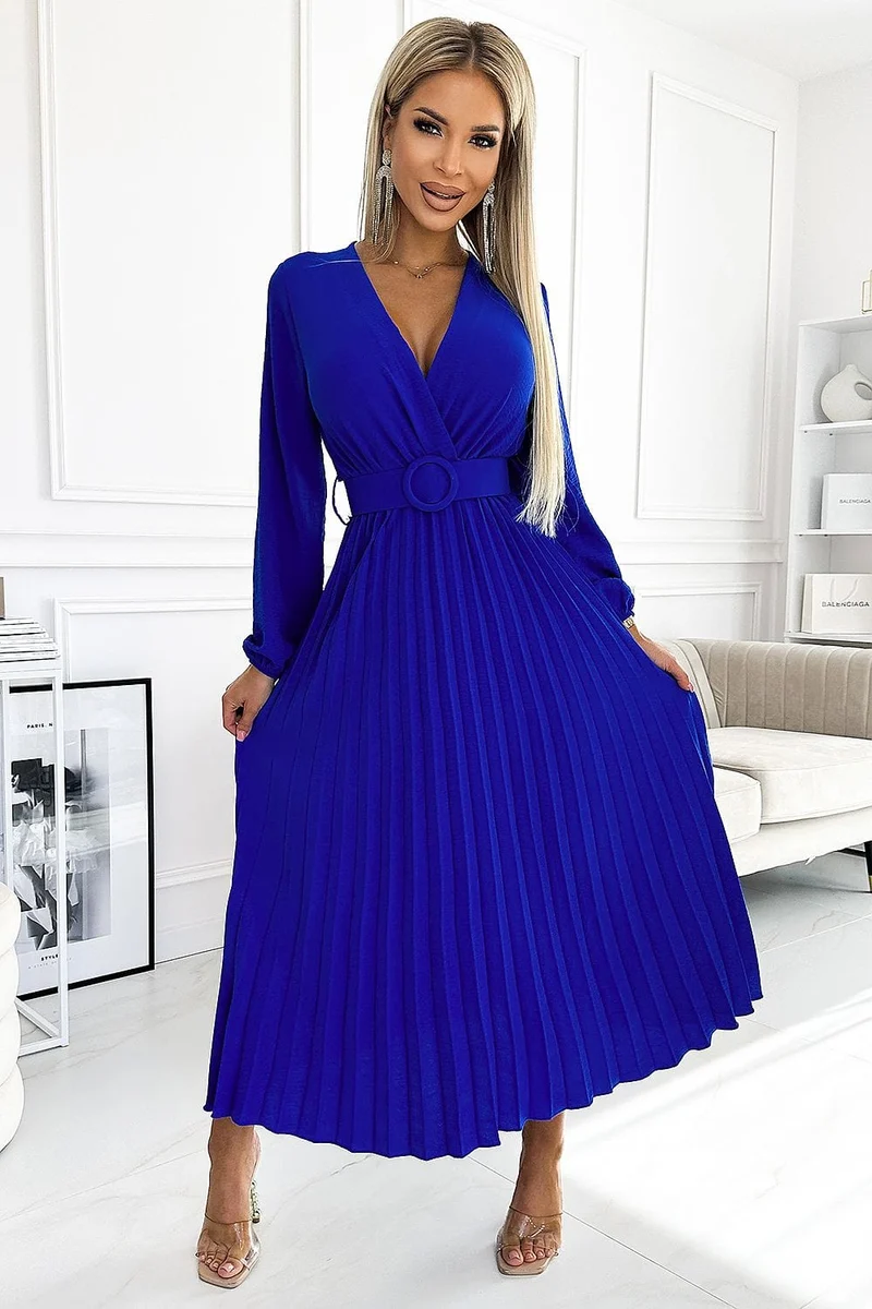Robe bleue électrique plissée manche longue