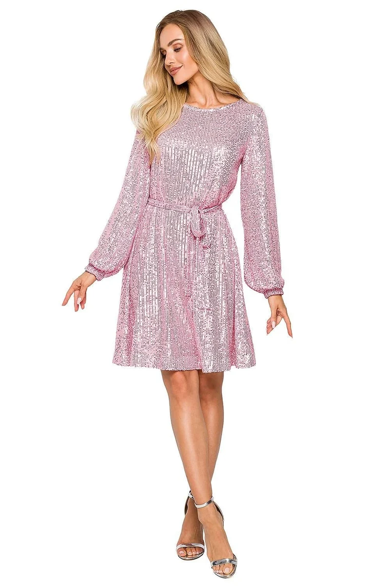 Robe de soirée paillettée rose manches longues
