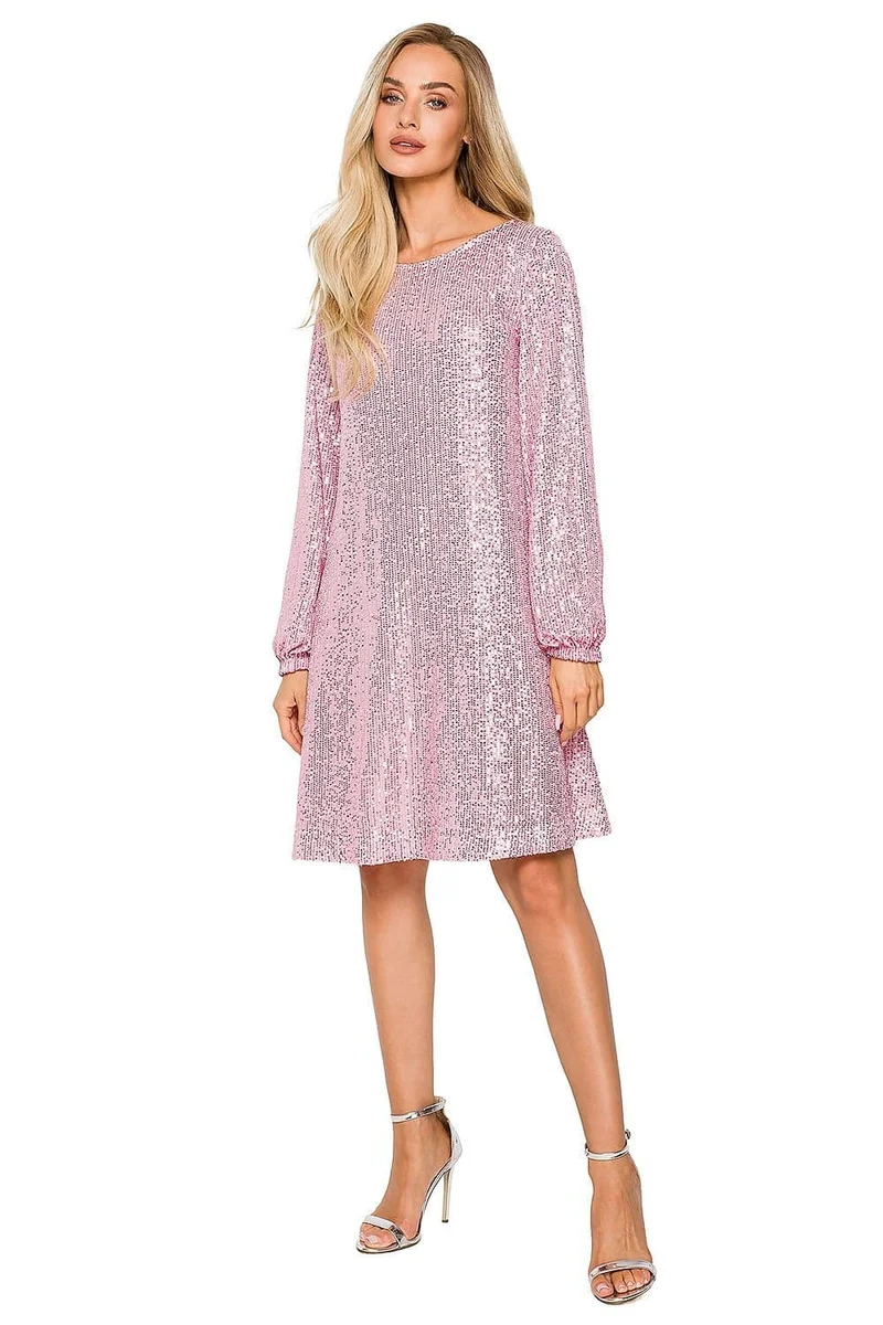 Robe de soirée paillettée rose manches longues
