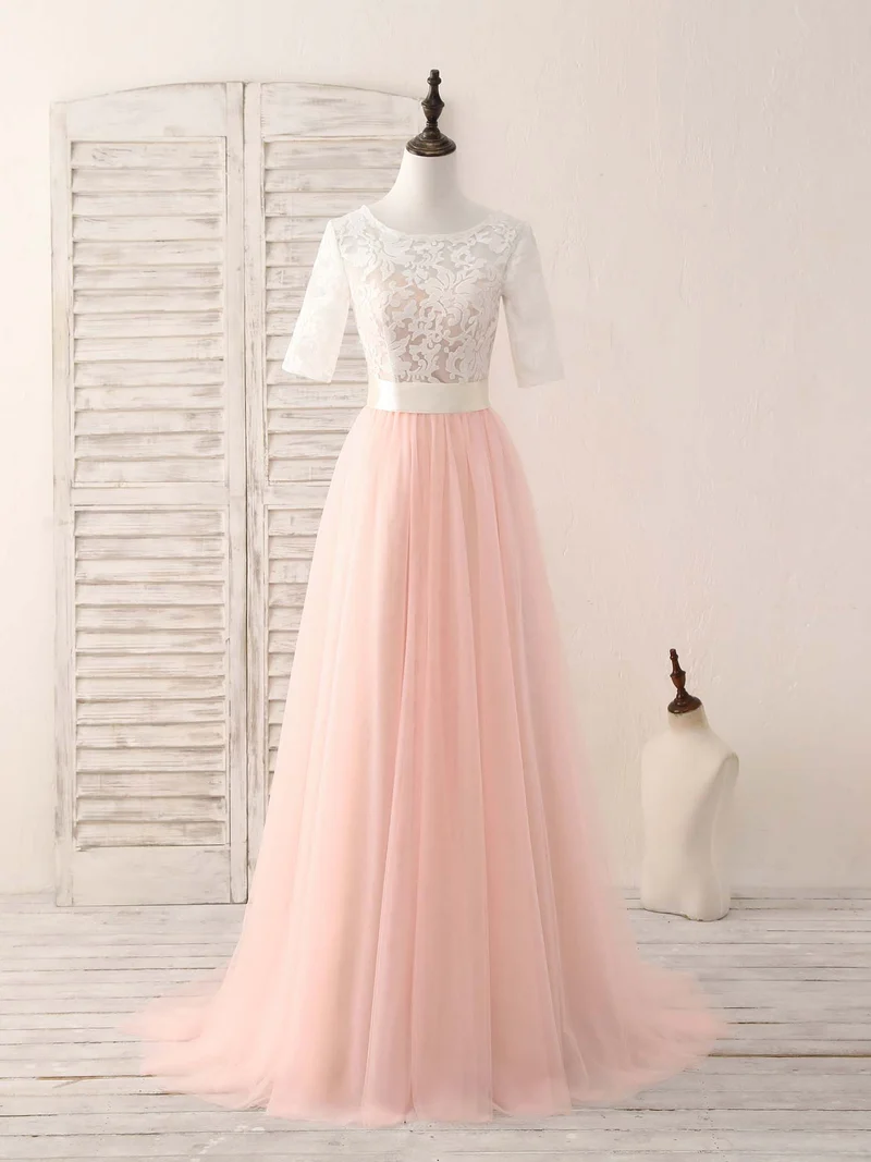 Robe de bal longue en tulle rose et dentelle, élégante, pour demoiselle d'honneur, pour occasions spéciales