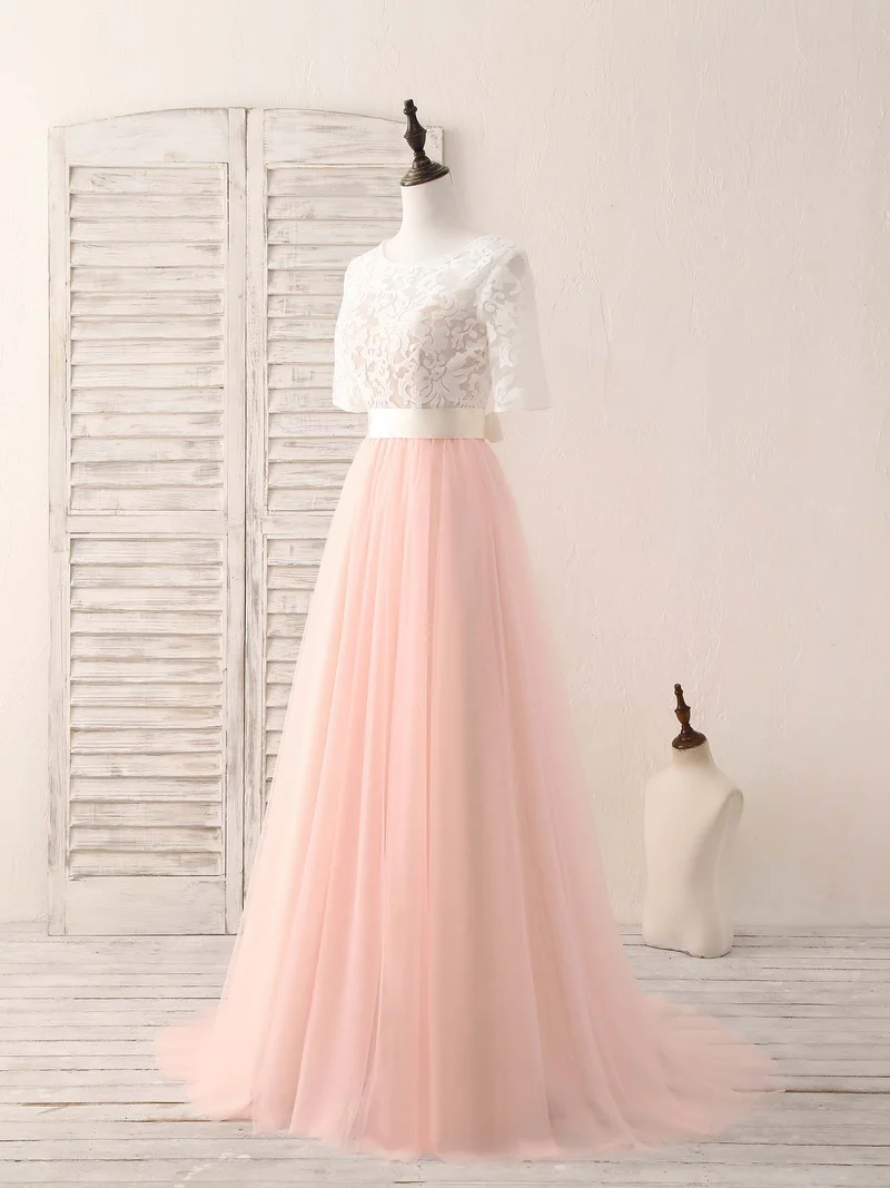 Robe de bal longue en tulle rose et dentelle, élégante, pour demoiselle d'honneur, pour occasions spéciales