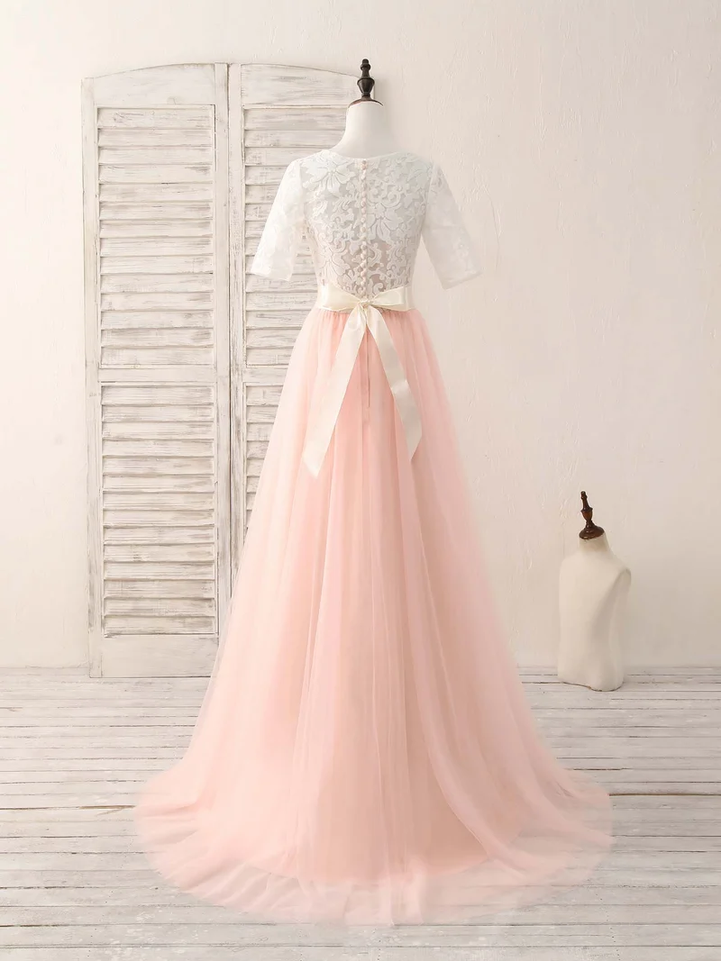 Robe de bal longue en tulle rose et dentelle, élégante, pour demoiselle d'honneur, pour occasions spéciales