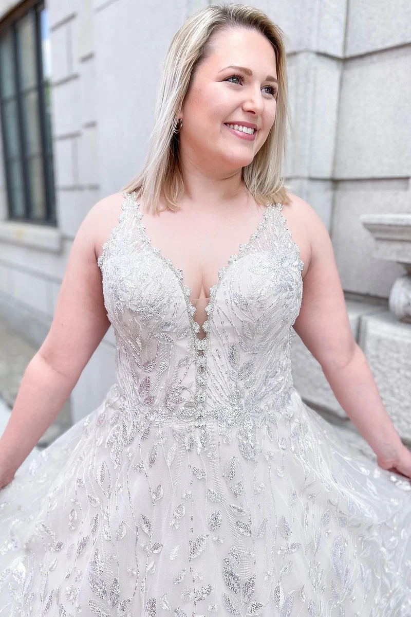 Robe de mariée élégante en dentelle à bretelles larges et tulle coupe trapèze - Robe de mariée parfaite