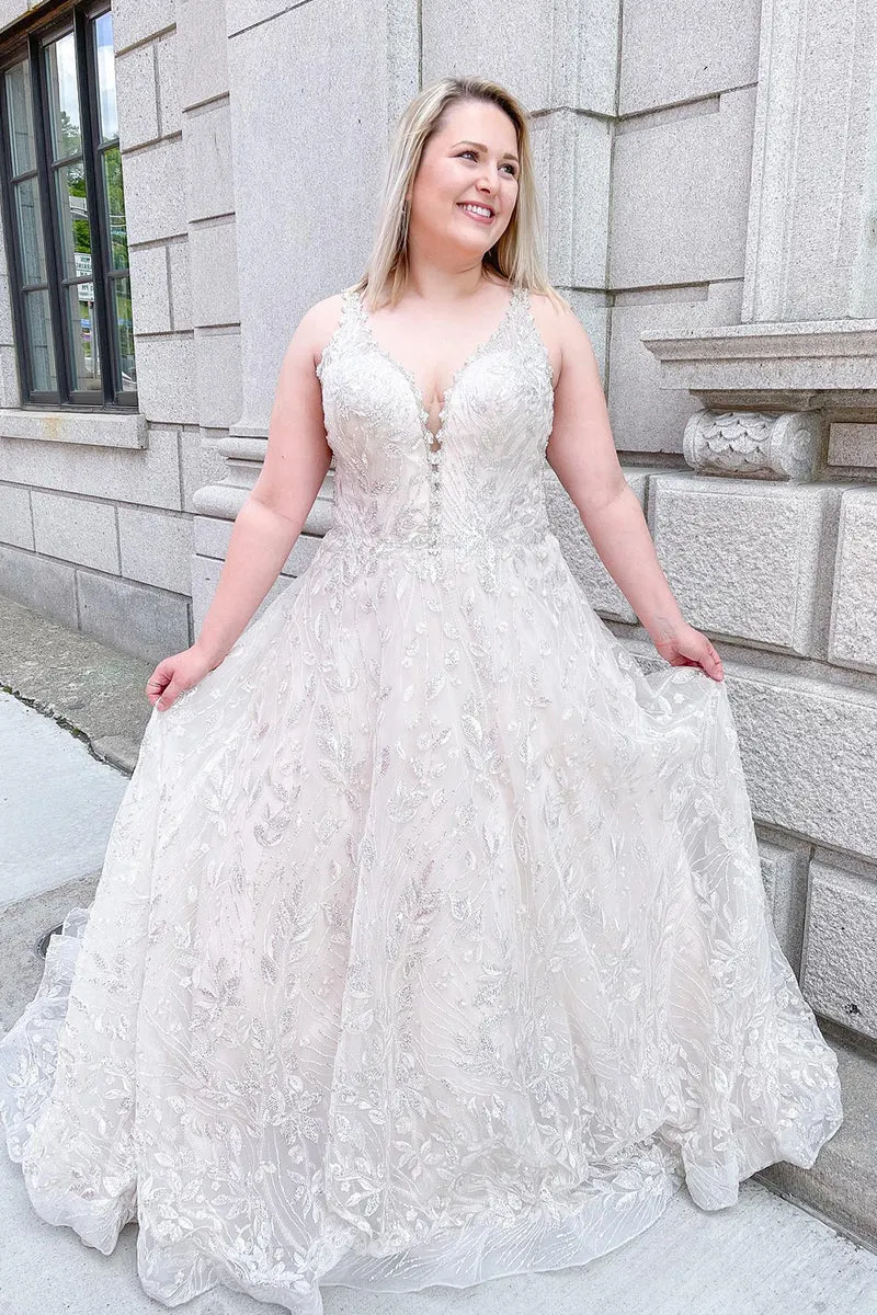 Robe de mariée élégante en dentelle à bretelles larges et tulle coupe trapèze - Robe de mariée parfaite