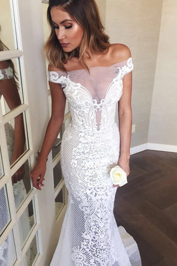 Robe de mariée sirène à épaules dénudées et traîne avec appliques élégante