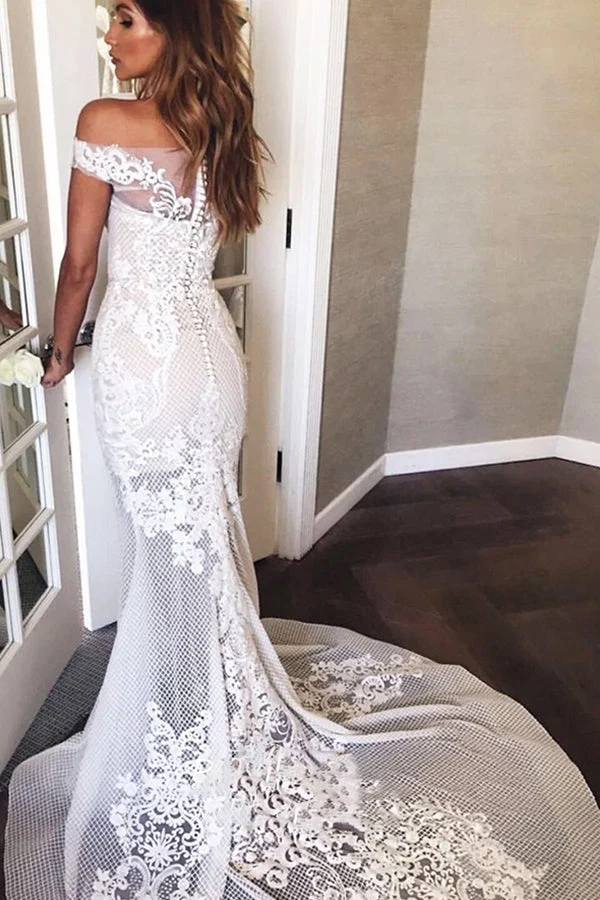 Robe de mariée sirène à épaules dénudées et traîne avec appliques élégante