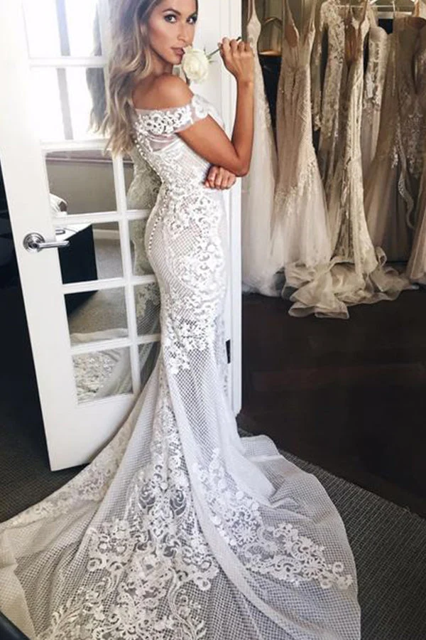 Robe de mariée sirène à épaules dénudées et traîne avec appliques élégante