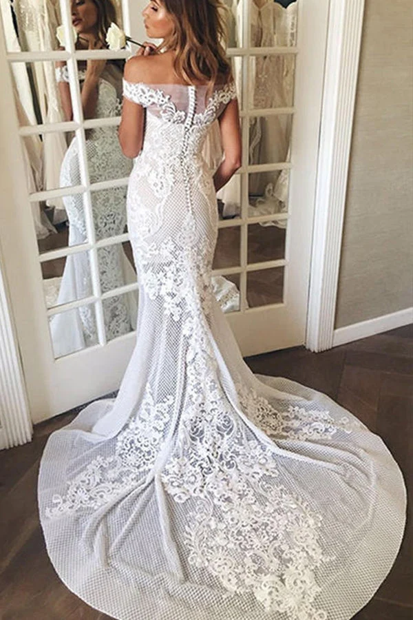 Robe de mariée sirène à épaules dénudées et traîne avec appliques élégante