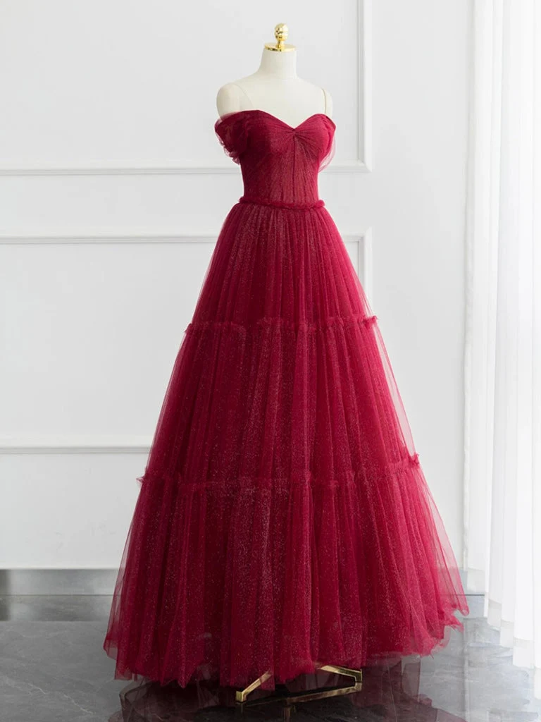 Robe de bal trapèze élégante en tulle à épaules dénudées : robe longue bordeaux brillante