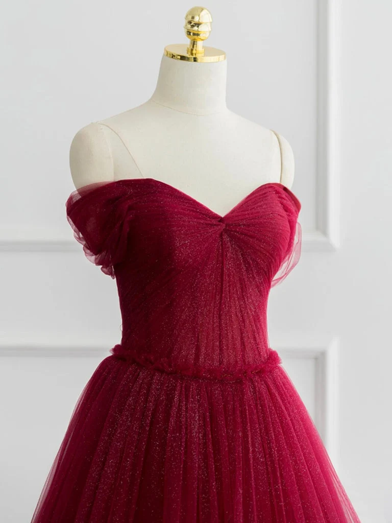 Robe de bal trapèze élégante en tulle à épaules dénudées : robe longue bordeaux brillante