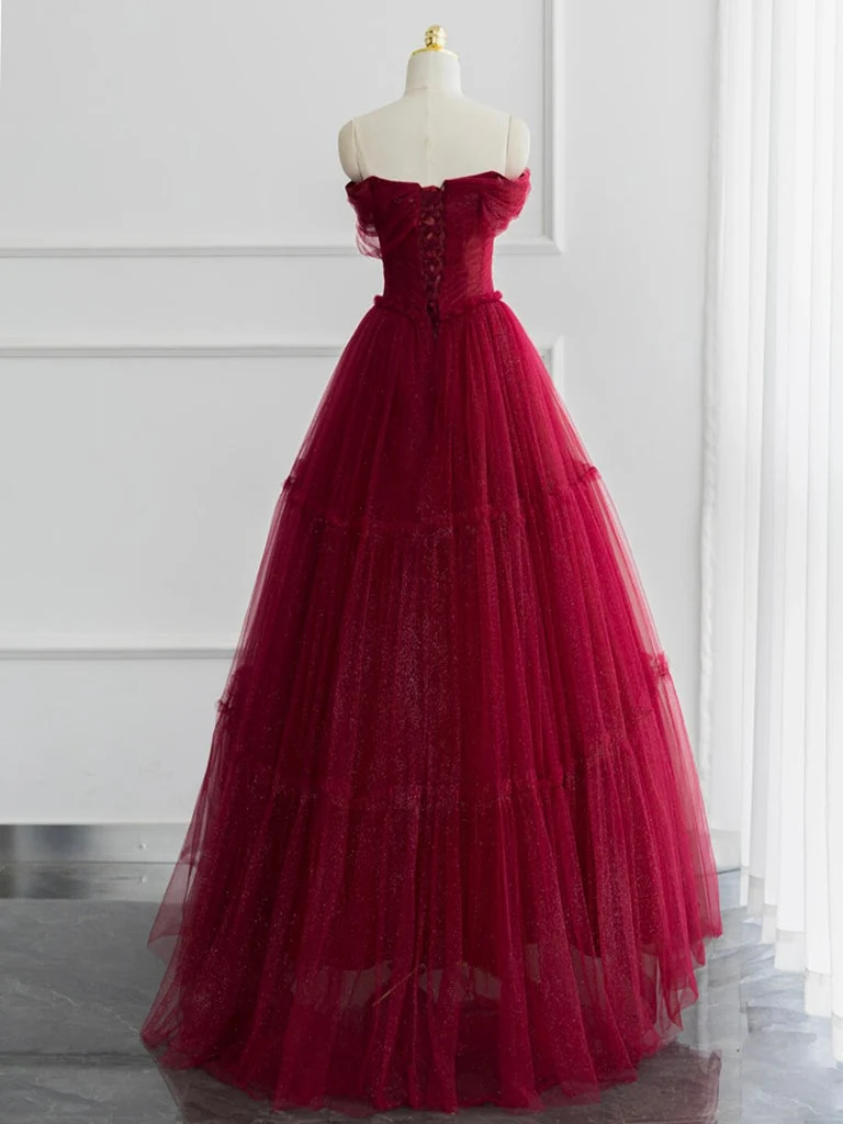 Robe de bal trapèze élégante en tulle à épaules dénudées : robe longue bordeaux brillante