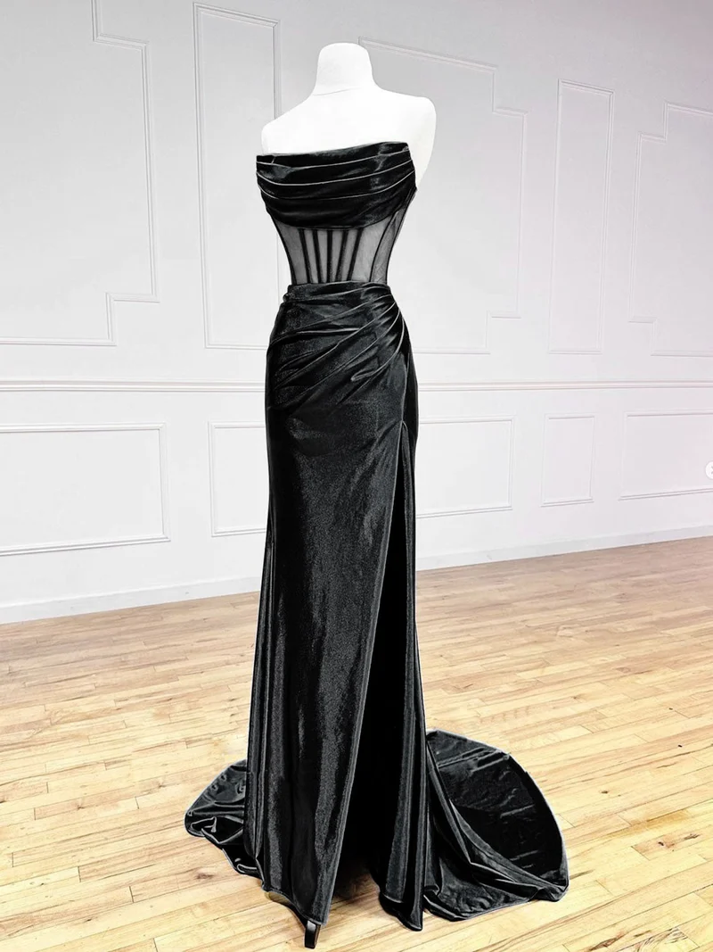 Robe de bal élégante en satin noir à épaules dénudées : coupe trapèze, longueur au sol, robe de soirée chic