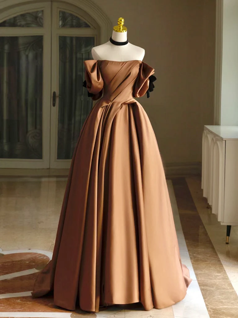 Robe de bal longue en satin marron, élégante et trapèze : robe de soirée chic et formelle