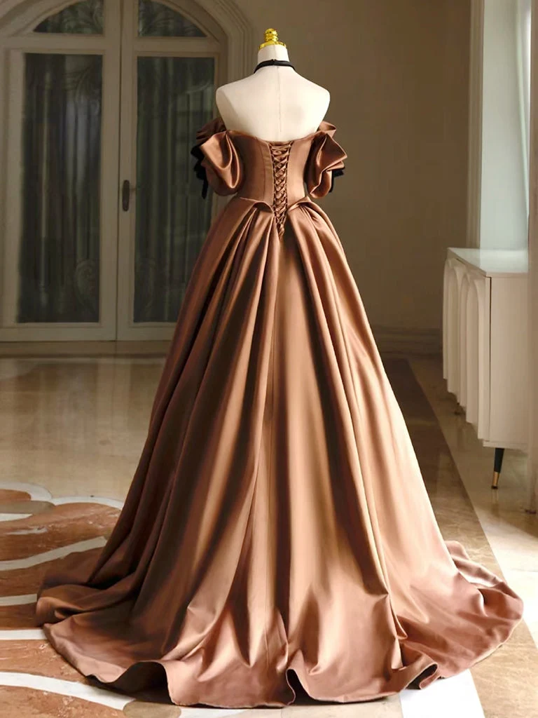 Robe de bal longue en satin marron, élégante et trapèze : robe de soirée chic et formelle