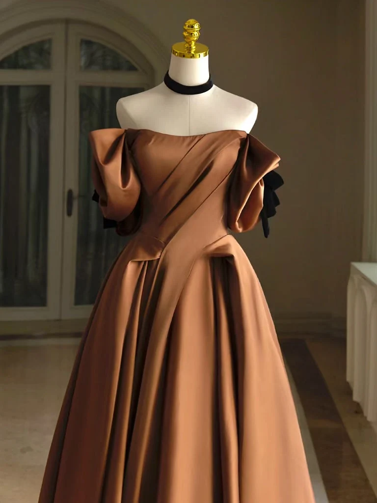 Robe de bal longue en satin marron, élégante et trapèze : robe de soirée chic et formelle