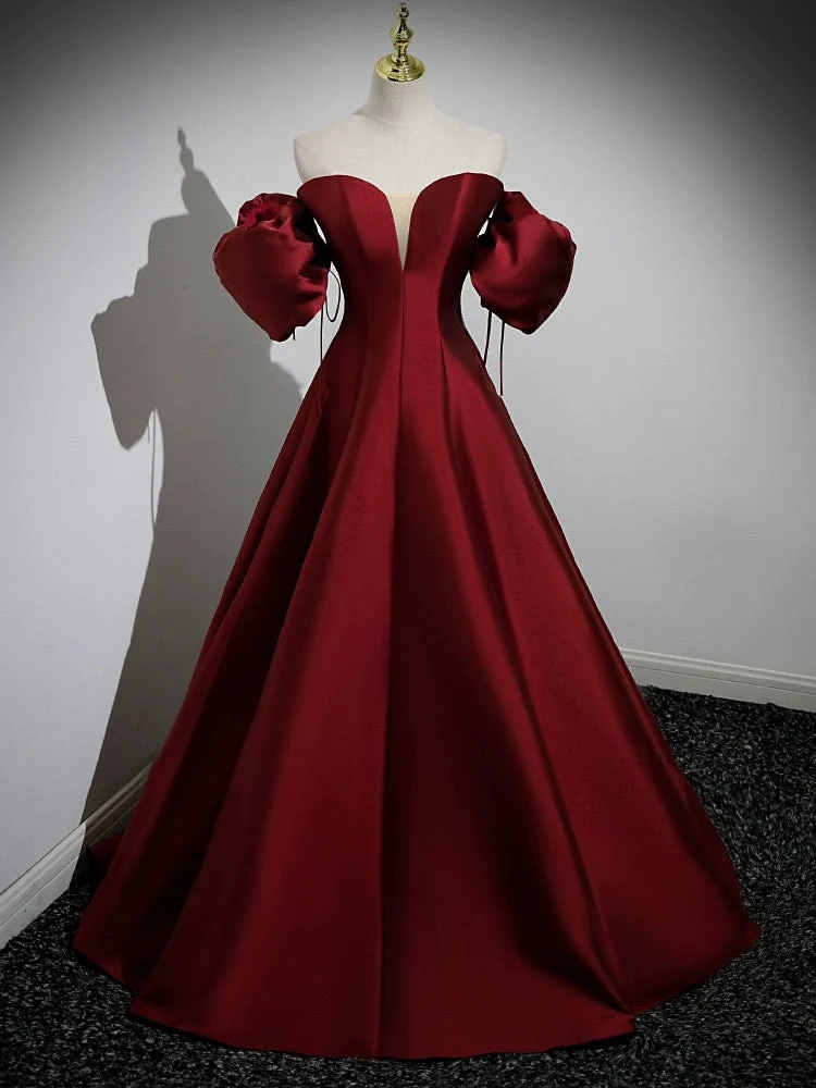 Robe de bal longue élégante en satin bordeaux à manches bouffantes et coupe trapèze