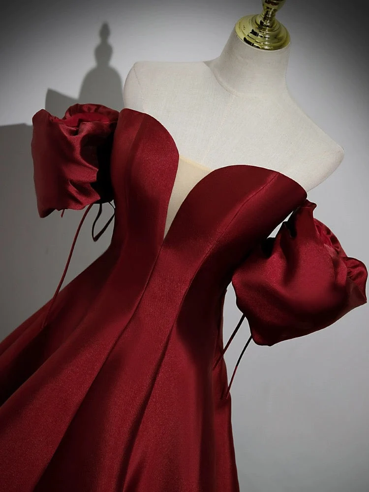 Robe de bal longue élégante en satin bordeaux à manches bouffantes et coupe trapèze