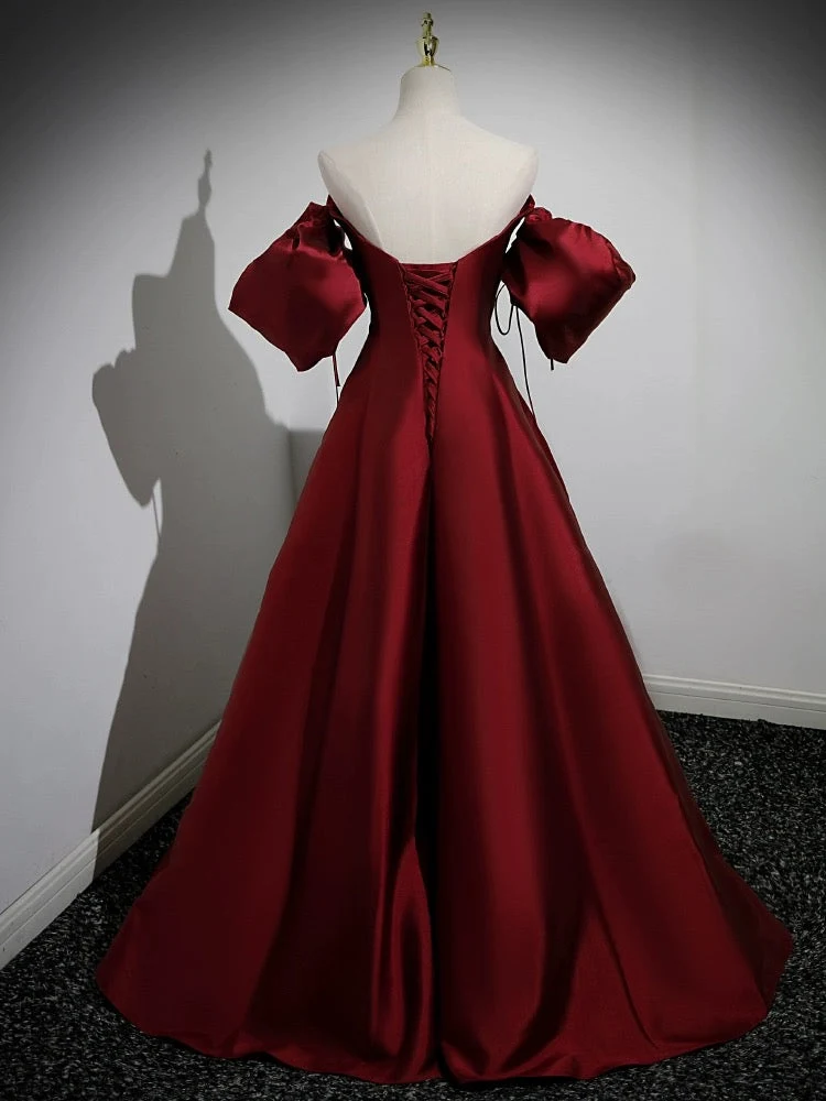 Robe de bal longue élégante en satin bordeaux à manches bouffantes et coupe trapèze