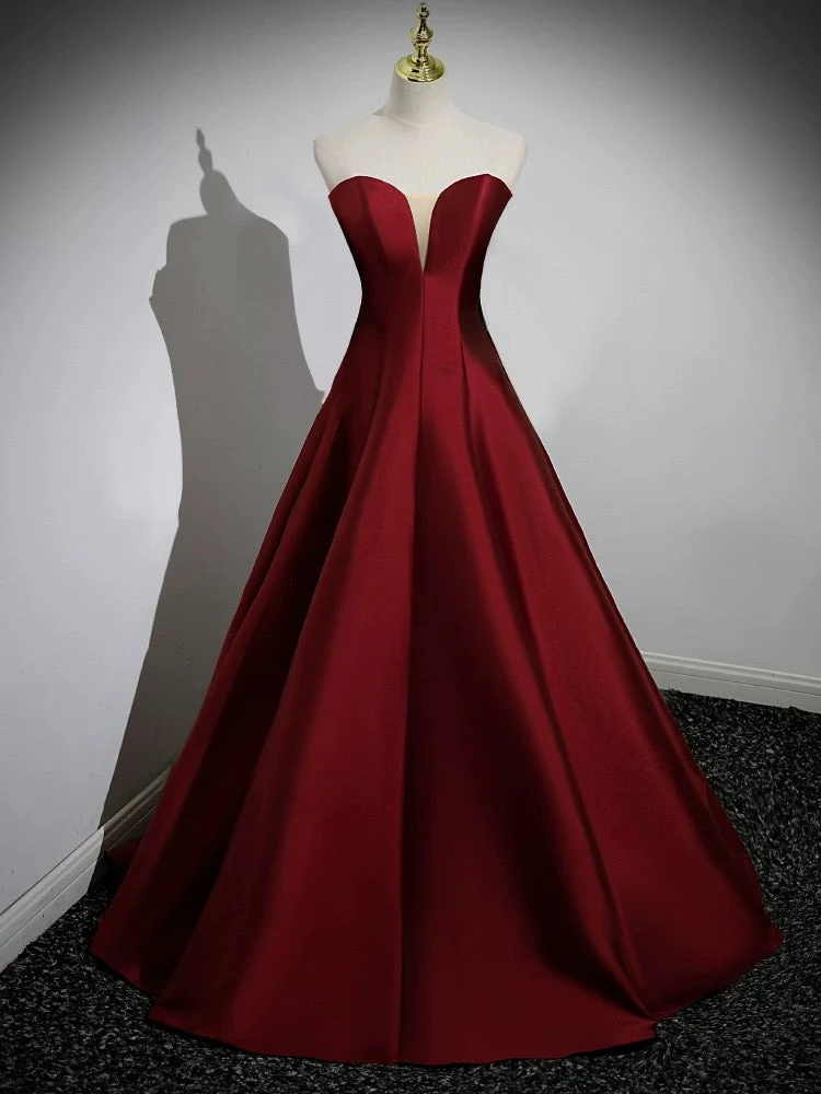 Robe de bal longue élégante en satin bordeaux à manches bouffantes et coupe trapèze