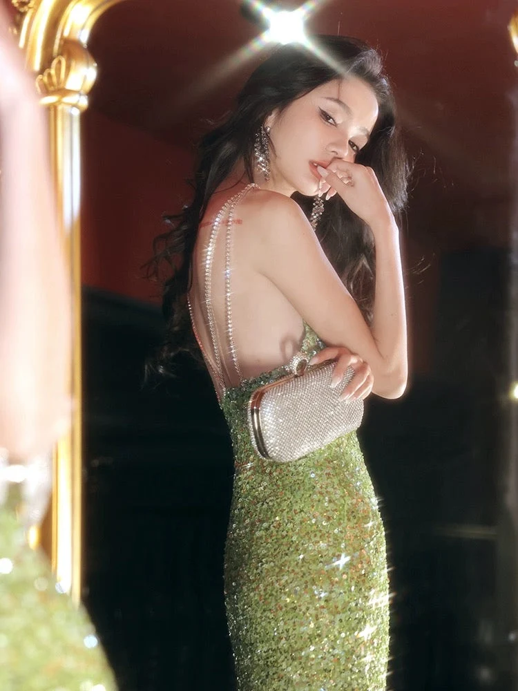 Robe de bal sirène élégante à paillettes et col en V, robe de soirée verte dos nu