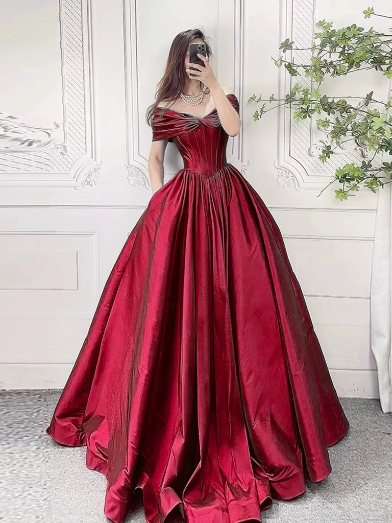 Robe de bal élégante bordeaux à épaules dénudées et coupe trapèze, longue robe de soirée formelle