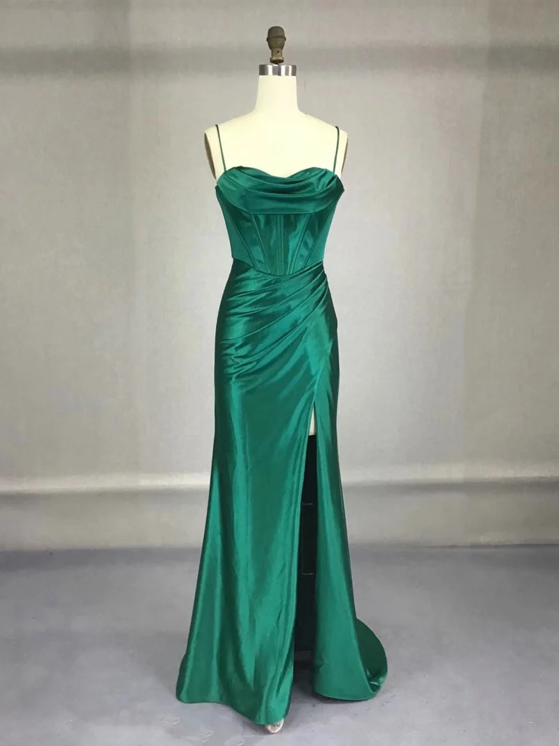 Robe de bal sirène élégante en satin vert pour femme, longue robe de soirée