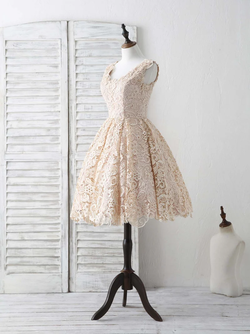Robe de bal courte élégante en dentelle à col en V et couleur champagne, robe de demoiselle d'honneur