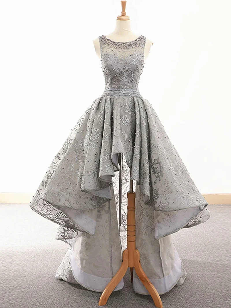 Robe de bal asymétrique en dentelle grise, robe de soirée formelle