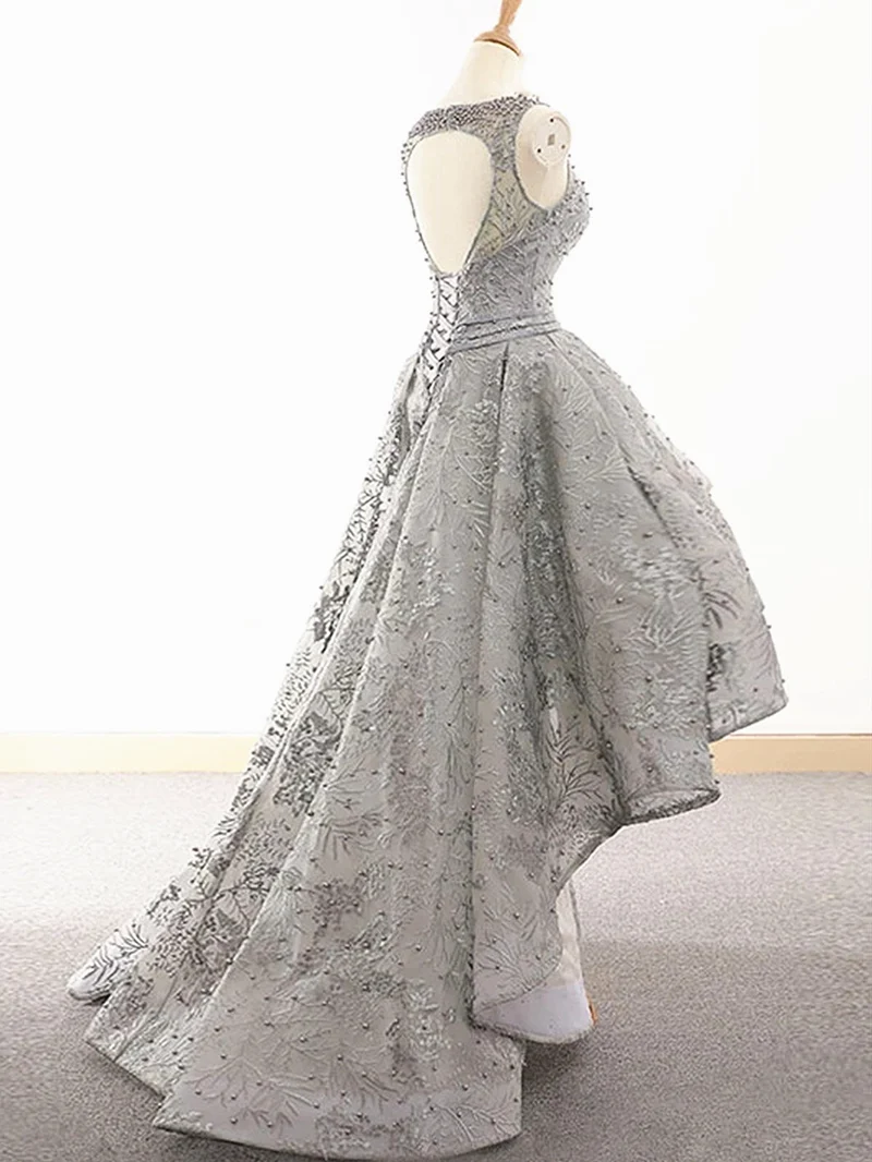 Robe de bal asymétrique en dentelle grise, robe de soirée formelle